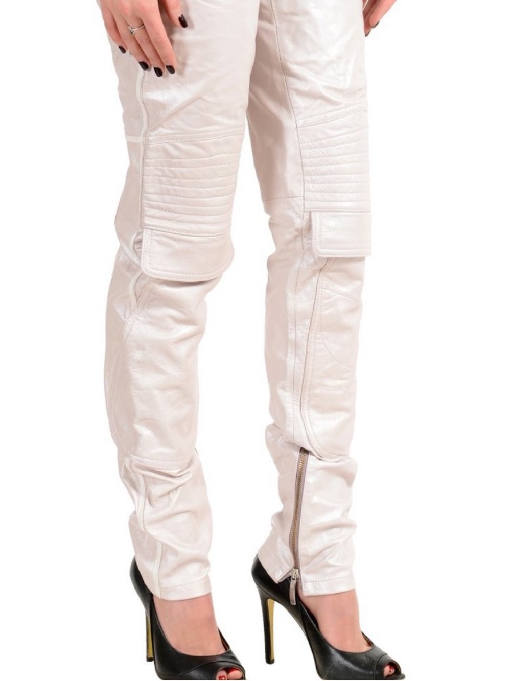 Gianfranco Ferre Light Pink Genuine Leather Skinny Moto-Detail Pants